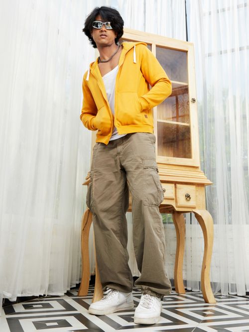 Campus Sutra Mens Mustard Yellow Zip-Front Hoodie with Contrast Drawstring