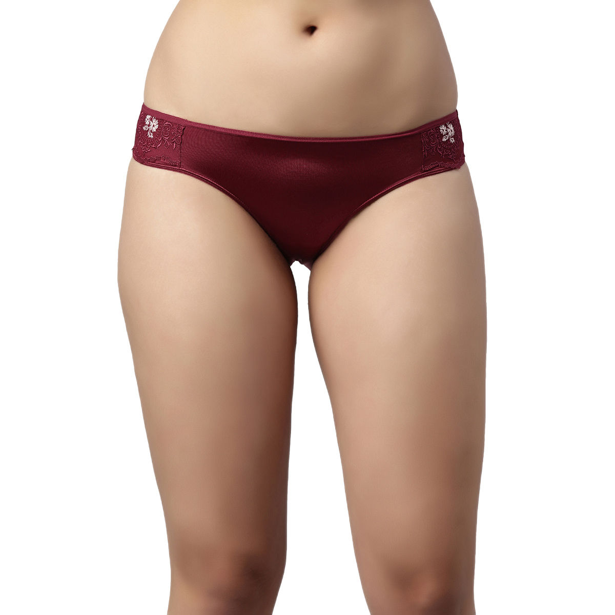 Enamor Womens P069Low Waist ,Satin, Lace Trim Bikini PantyClaret