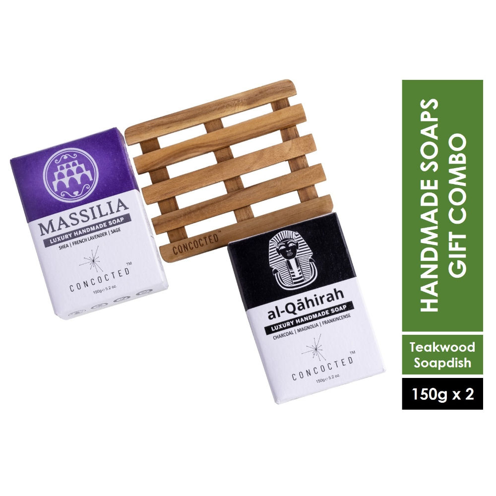 CONCOCTED Luxury Soaps Gift Set - Al Qahirah Charcoal & Massilia Lavender With Soapdish