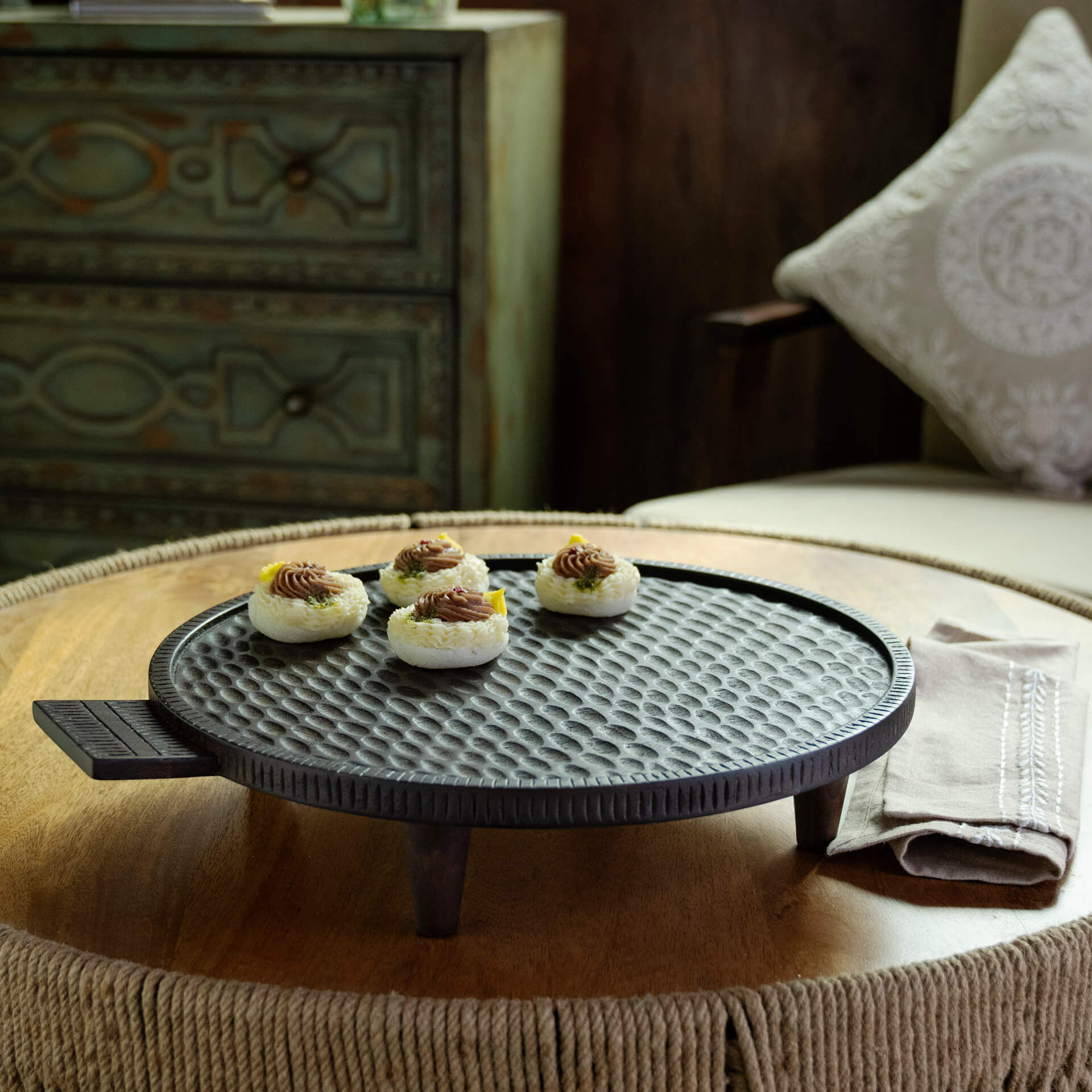 Ellementry Tribal Mango Wood Platter With Legs Round Brown