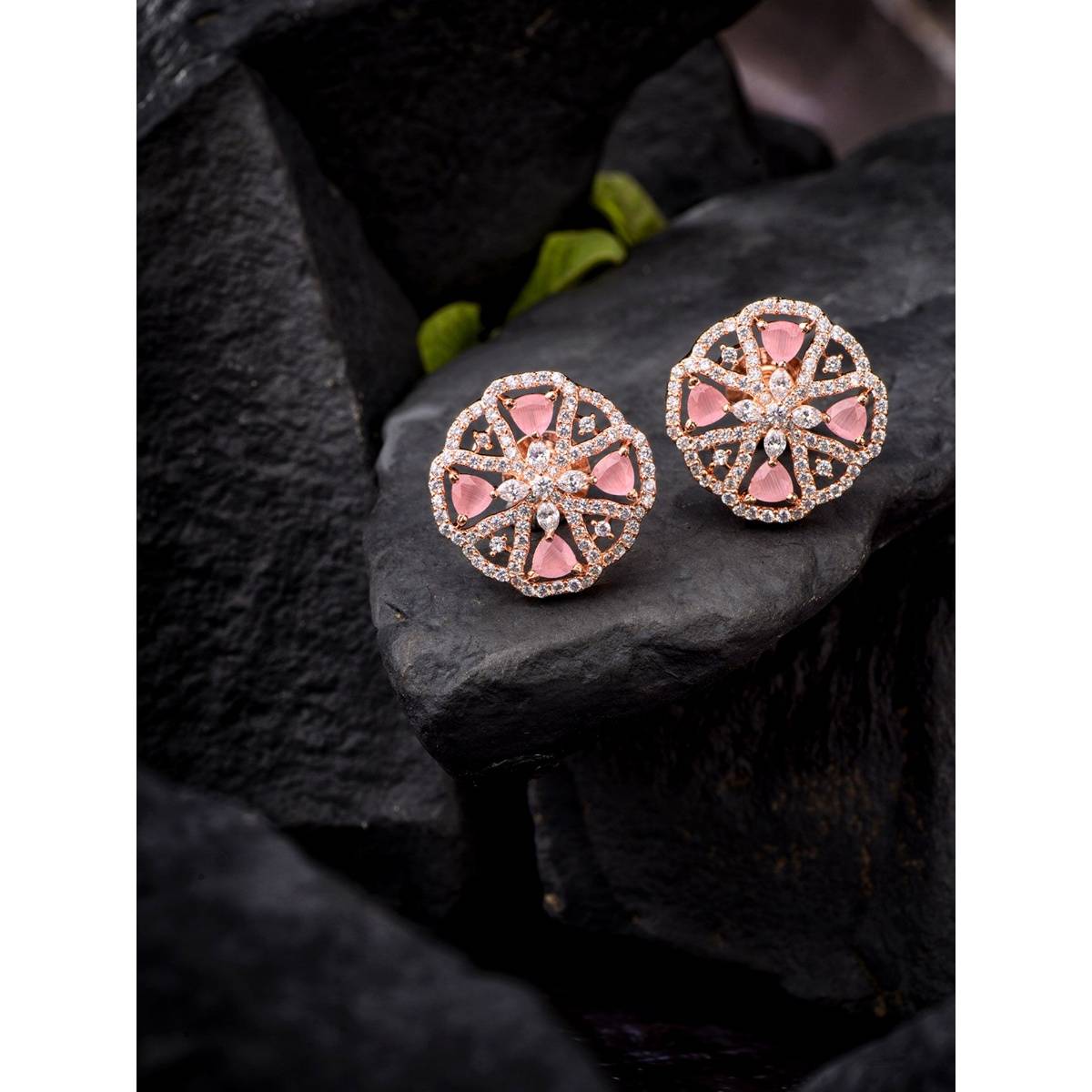 Saraf RS Jewellery Floral Design Pastel Pink Studs Quartz Earrings Rose Gold Plated (Onesize)