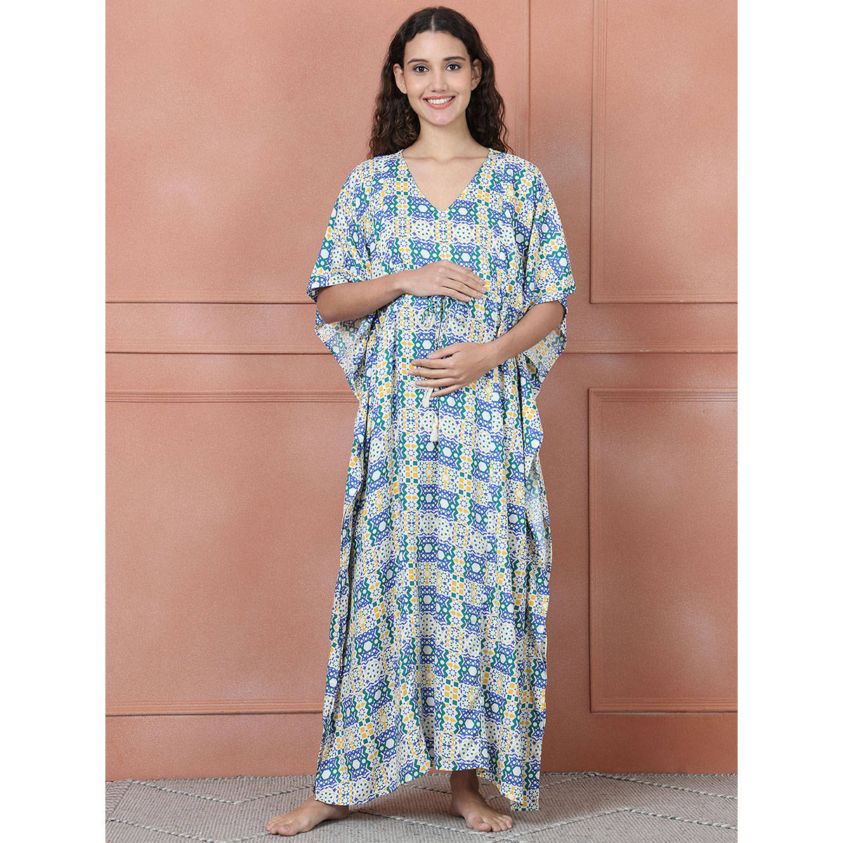 Secret Wish Blue Geometric Rayon Maternity Kaftan Full Length