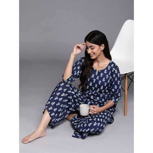 Buy Libas Navy Blue Pure Cotton All Over Printed Night Suit (Set