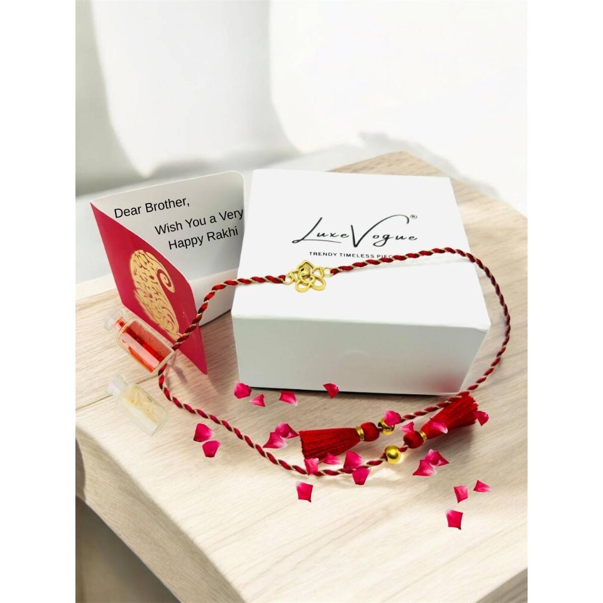 LuxeVogue 925 Silver Golden Divine Ganesha Rakhi Gift Set