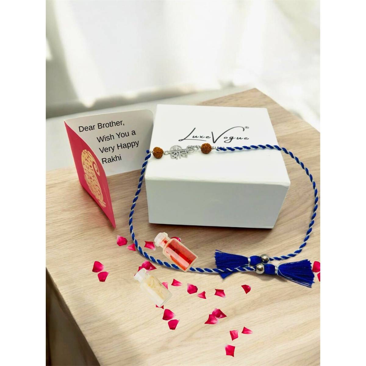 LuxeVogue 925 Silver Rudraksh Shiva Silver Rakhi Gift Set