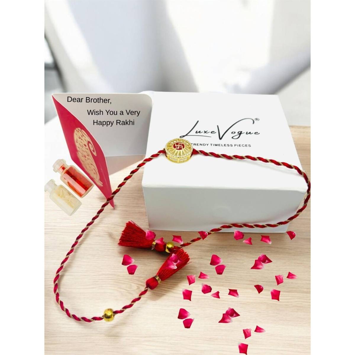 LuxeVogue 925 Silver Stone Studded Swasthik Surya Rakhi Gift Set