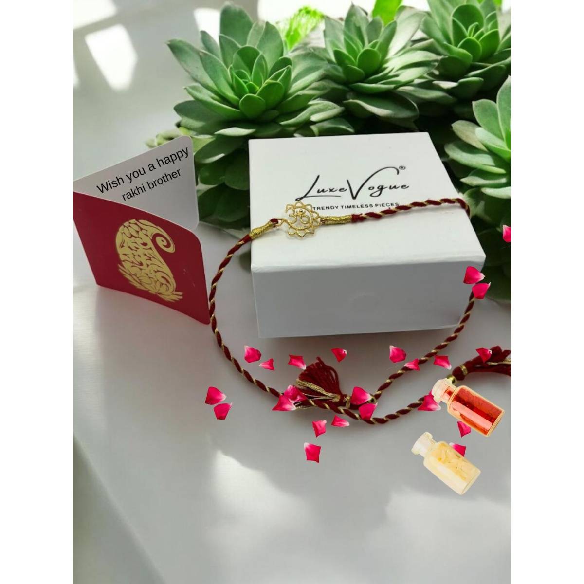 LuxeVogue 925 Silver Golden Traditional Om Rakhi Gift Set