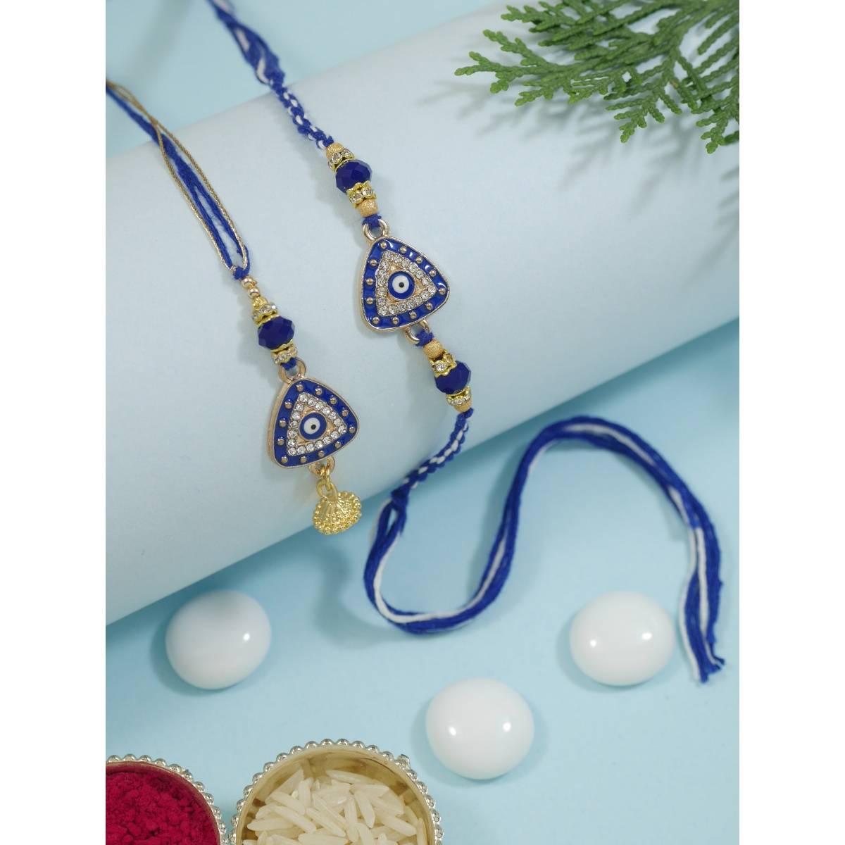 I Jewels Blue Evil Eye Hanging Bhaiya Bhabhi Lumba Rakhi Gift Set