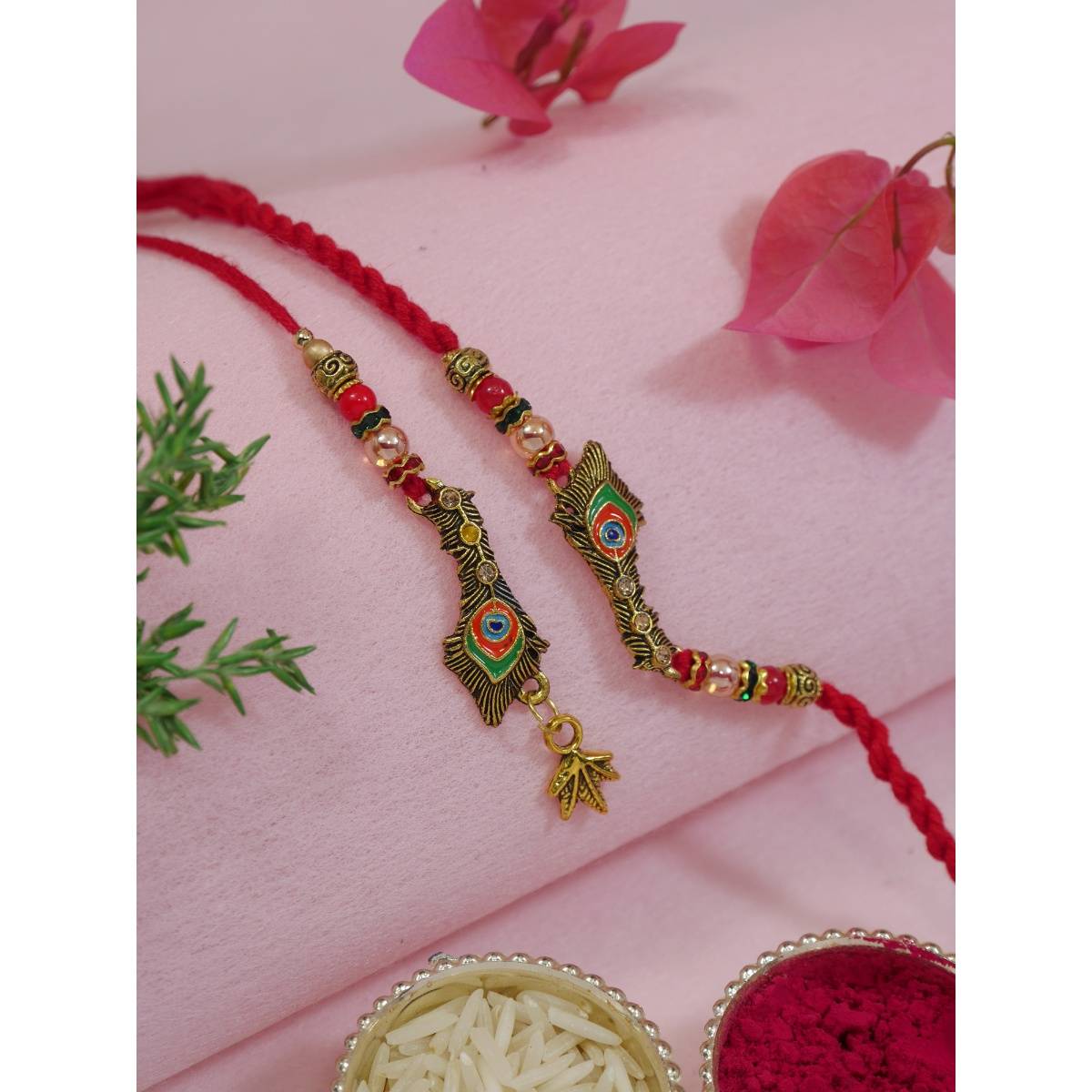 I Jewels Peacock Feather Design Hanging Bhaiya Bhabhi Lumba Rakhi Gift Set