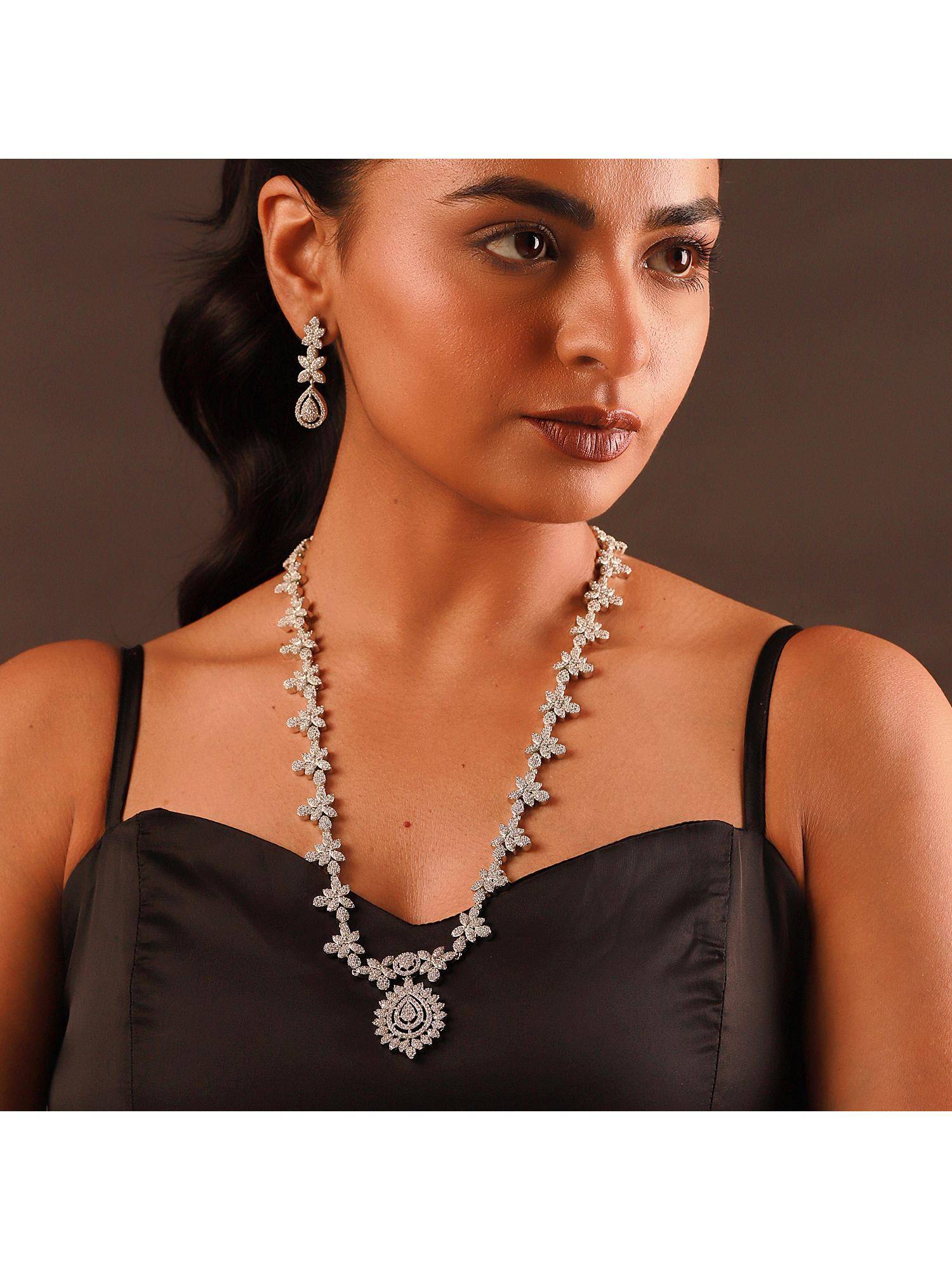 Voylla Sparkling Elegance Crystal Bloom Cz Jewellery Set