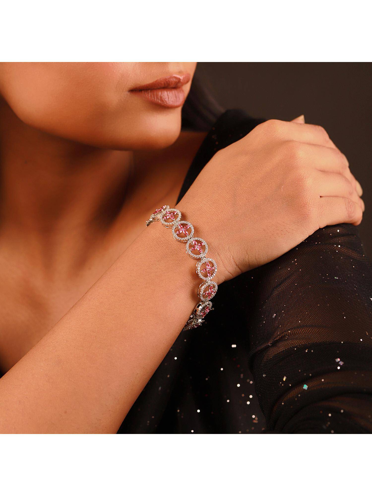 Voylla Sparkling Elegance Ruby Bloom American Diamond Tennis Bracelet