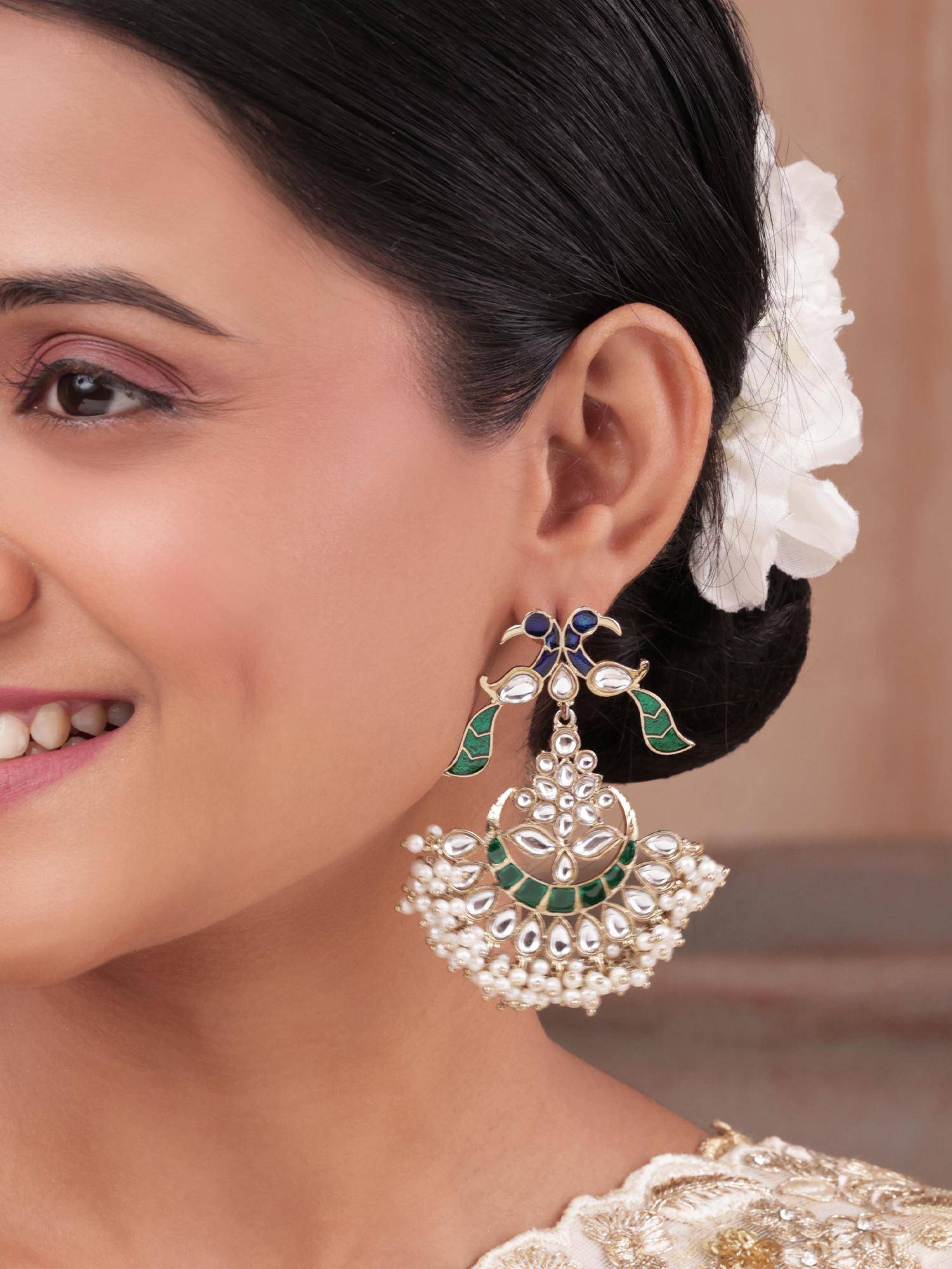 Fida Golden Peacock Kundan Drop Earrings With Pearl Fringe