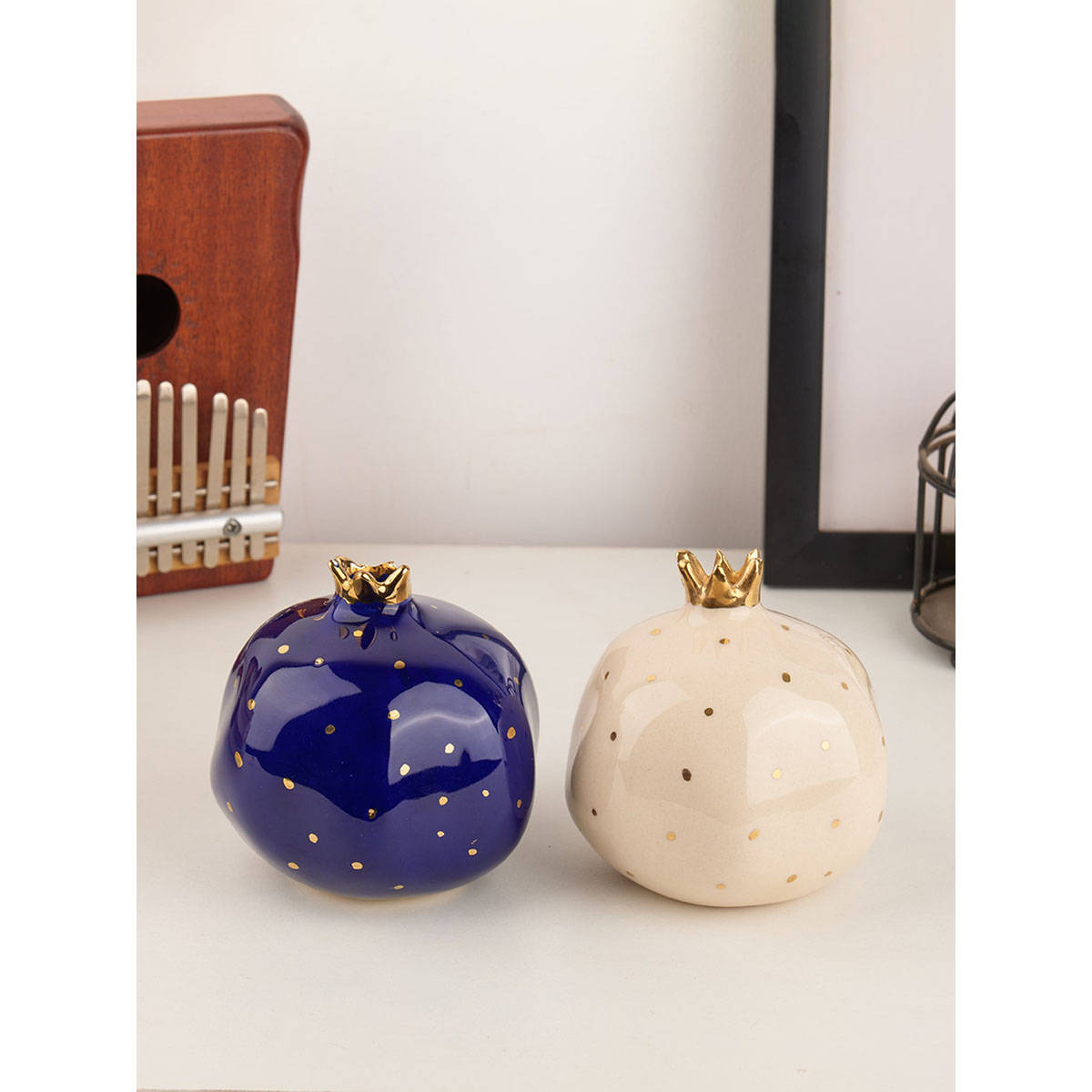 Glimpse Homes Blue & White Ceramic Pomegranate Showpieces (Set Of 2)