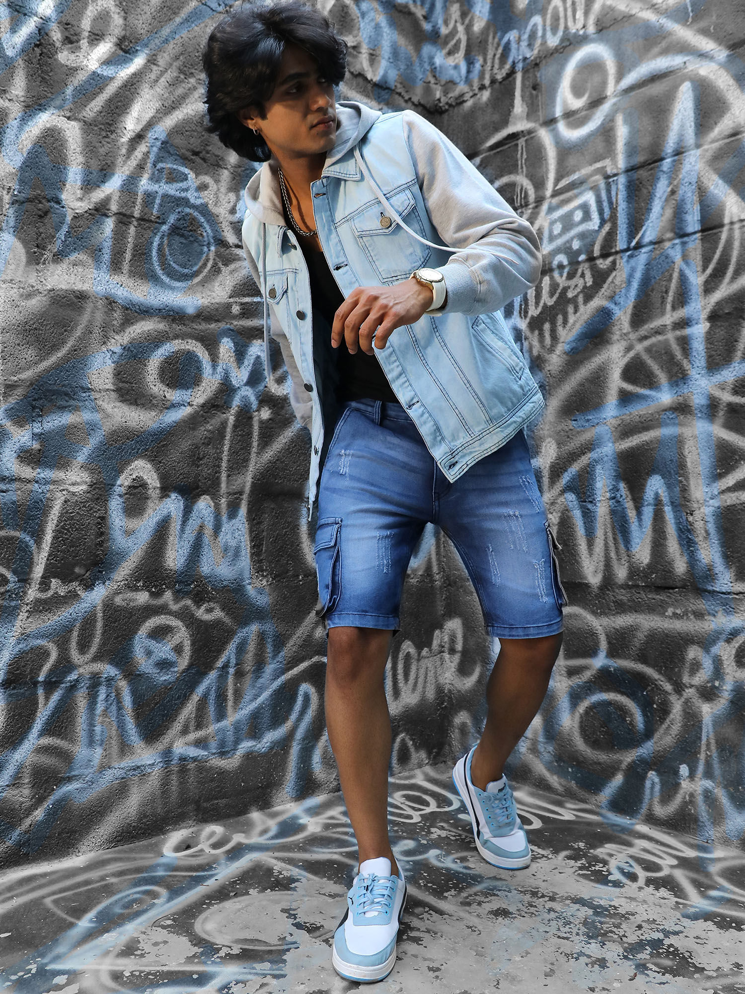 Mens jean jacket with sweatshirt sleeves best sale