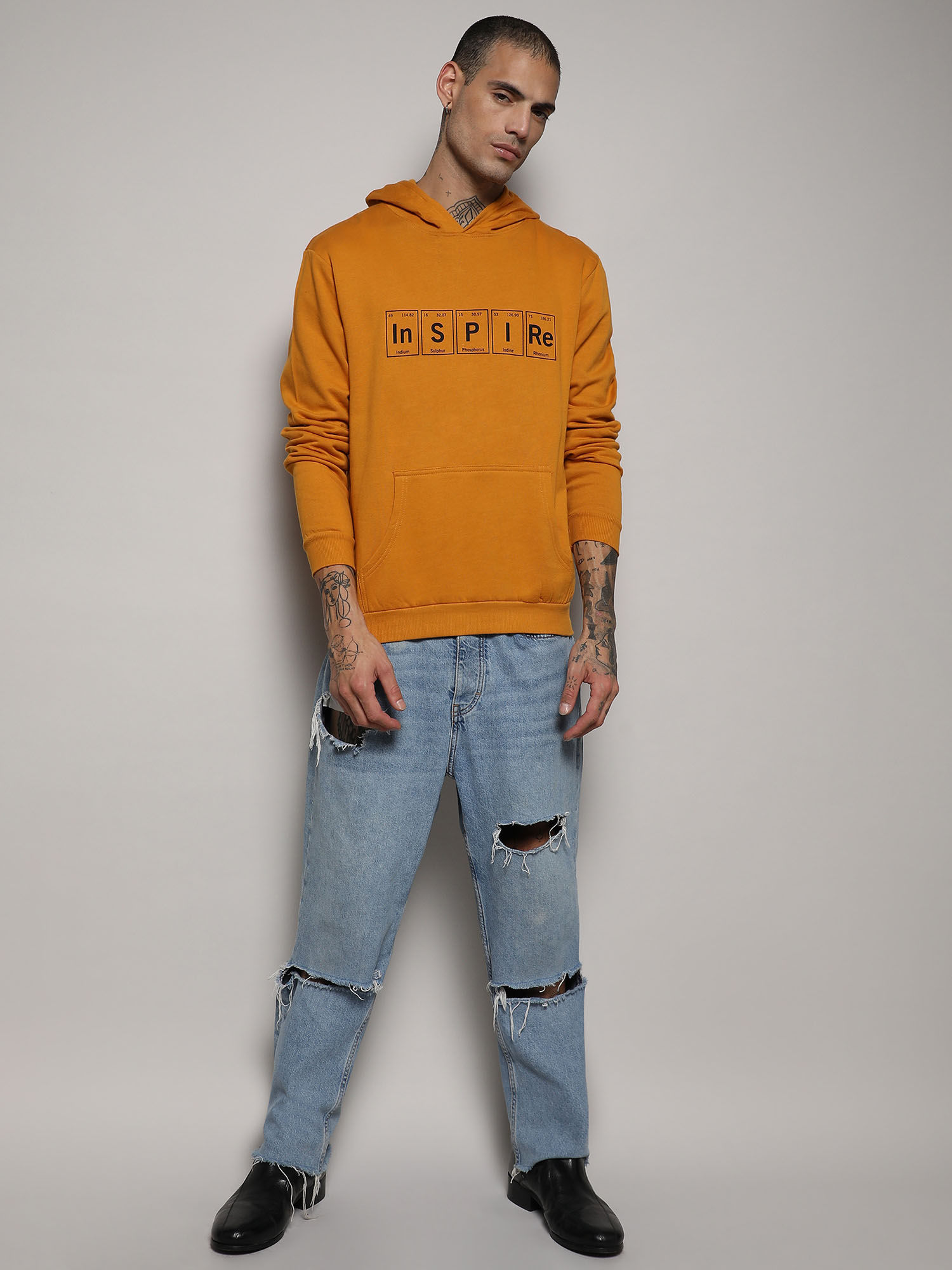 Campus Sutra Men s Mustard Yellow Inspire Hoodie With Kangaroo Pocket