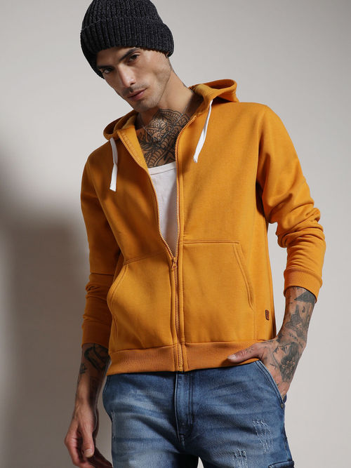 Campus Sutra Men's Mustard Yellow Zip-Front Hoodie With Contrast Drawstring