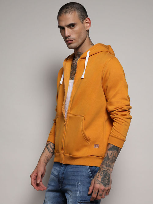 Buy Campus Sutra Men's Mustard Yellow Zip-Front Hoodie With
