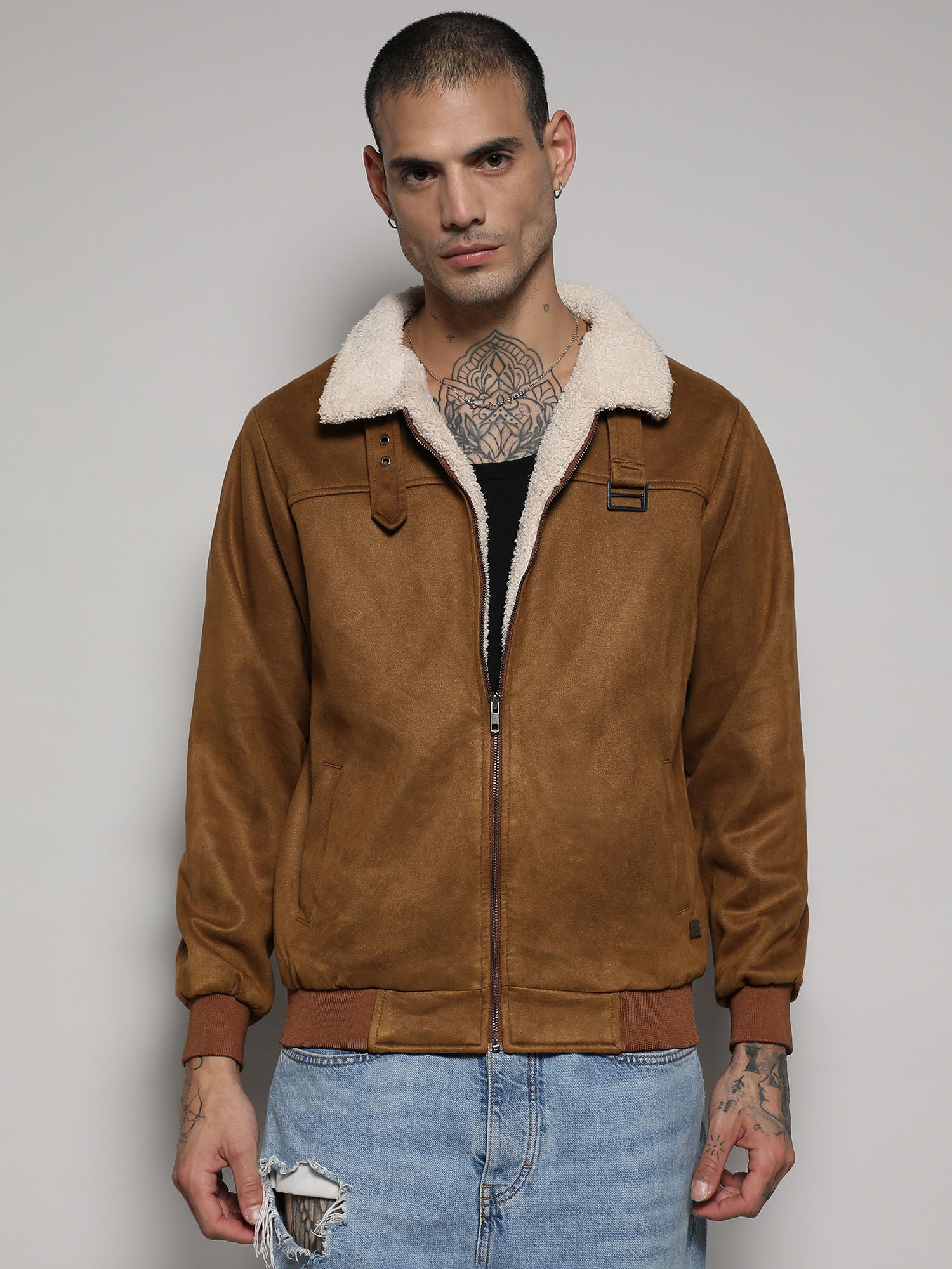 Buy Campus Sutra Men's Brown Zip-Front Jacket With Fleece