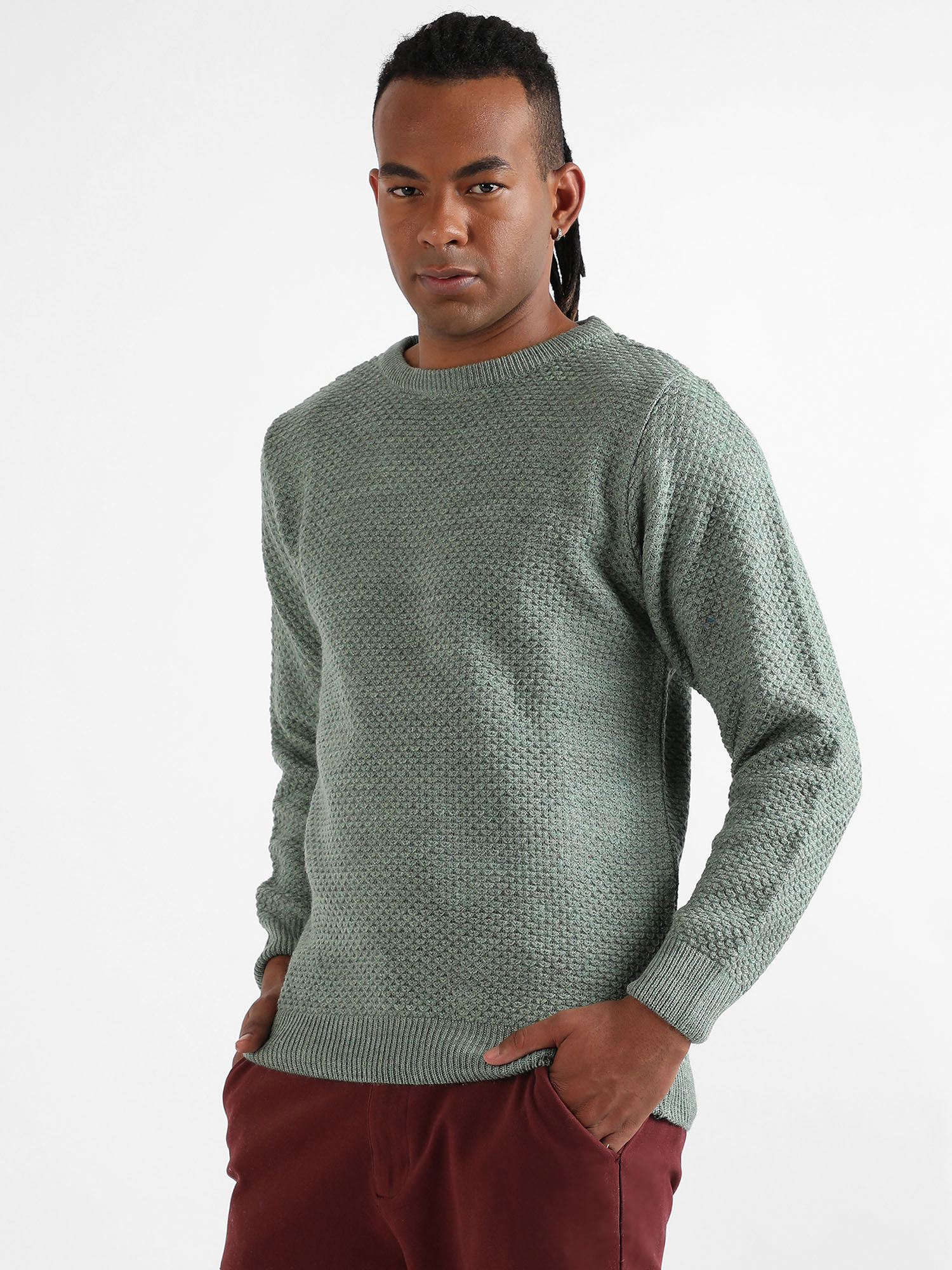 Buy Campus Sutra Men s Sage Green Textured Knit Pullover Sweater Online