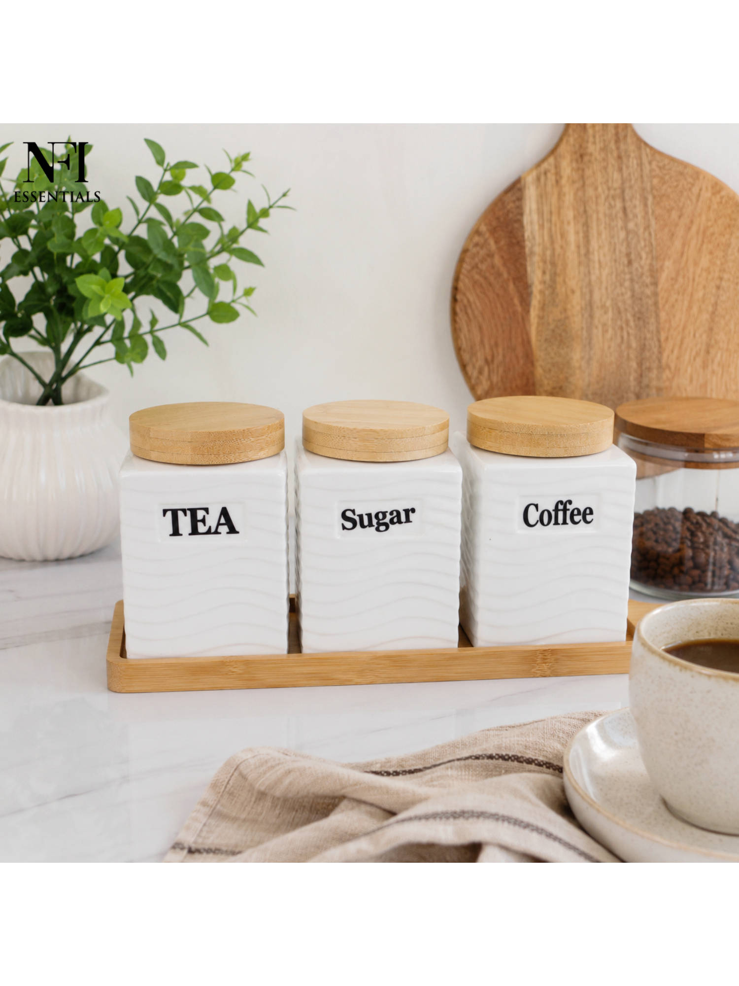 NFI Essentials White Sugar Coffee Tea Canisters with Bamboo Lids (Pack Of 3) (M)