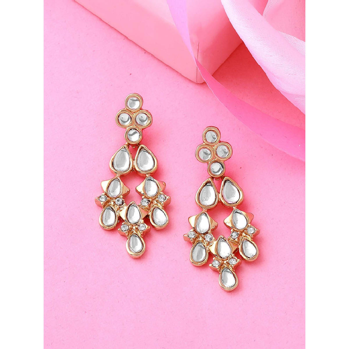 Estele Gold Plated Traditional Kundan Drop Earrings for Women