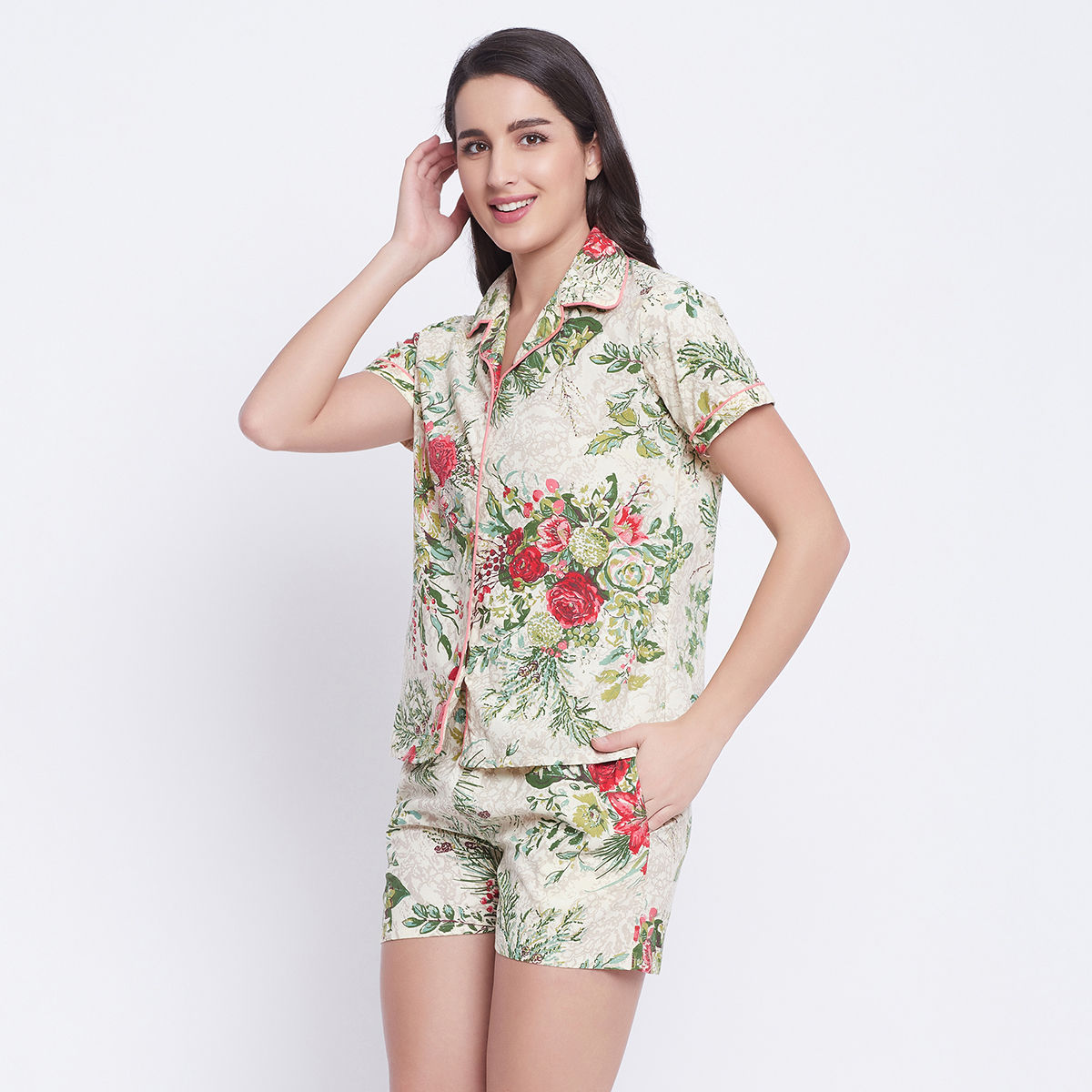 Buy Clovia Cotton Printed Button Down Shirt & Shorts Set White Online