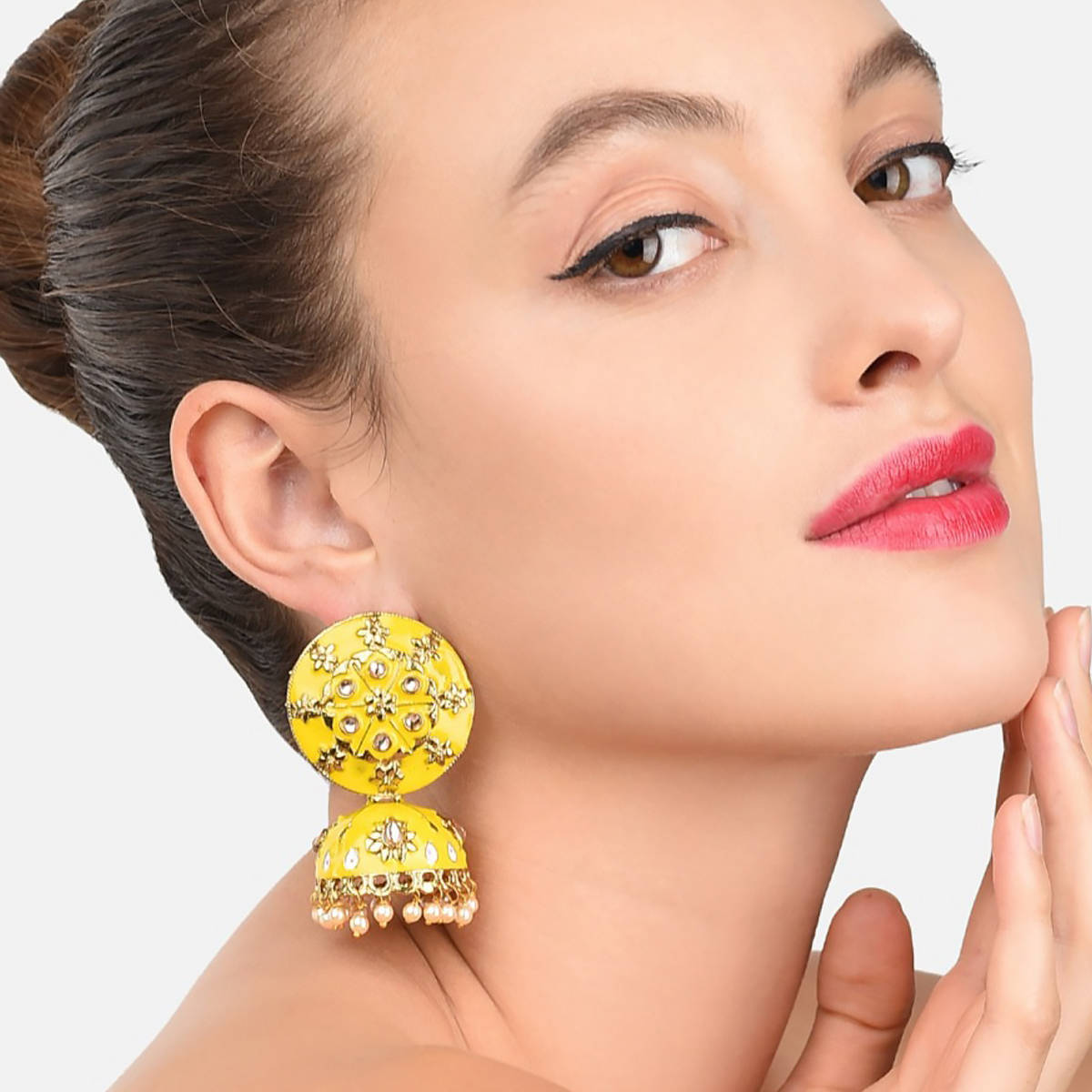 Zaveri Pearls Yellow Enamelling Floral Ethnic Jhumki Earring - ZPFK9131