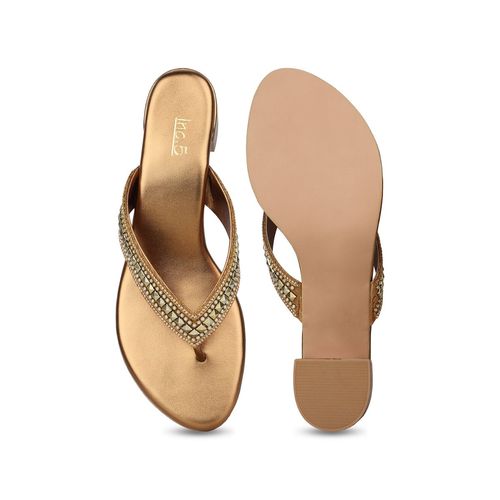 Buy Womens Golden Ethnic Round Toe Block Heel Sandals Online