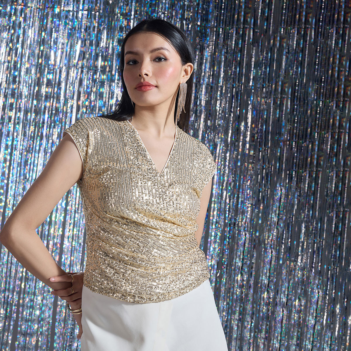gold sequin wrap top