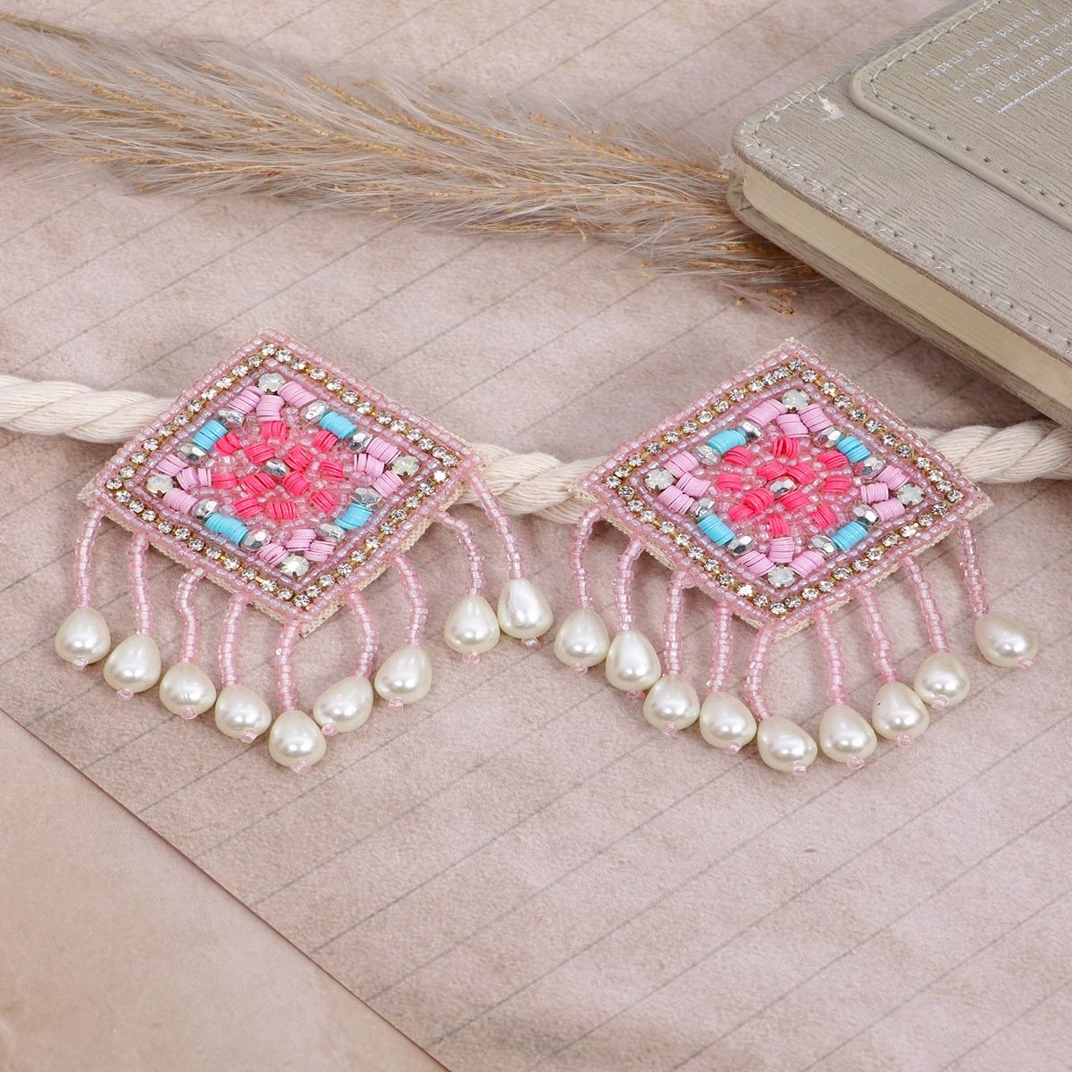 Baby Pink Handmade Embroidered Multi Layered Bead Earrings  Bevy Pearls