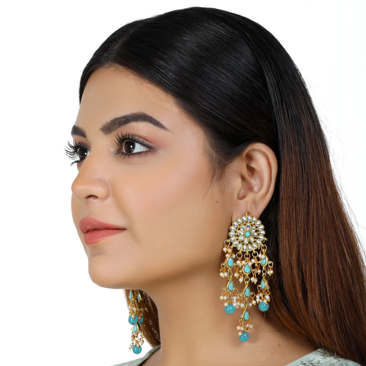 Karatcart Kundan Mint Blue Tassel Earrings Buy Karatcart Kundan Mint
