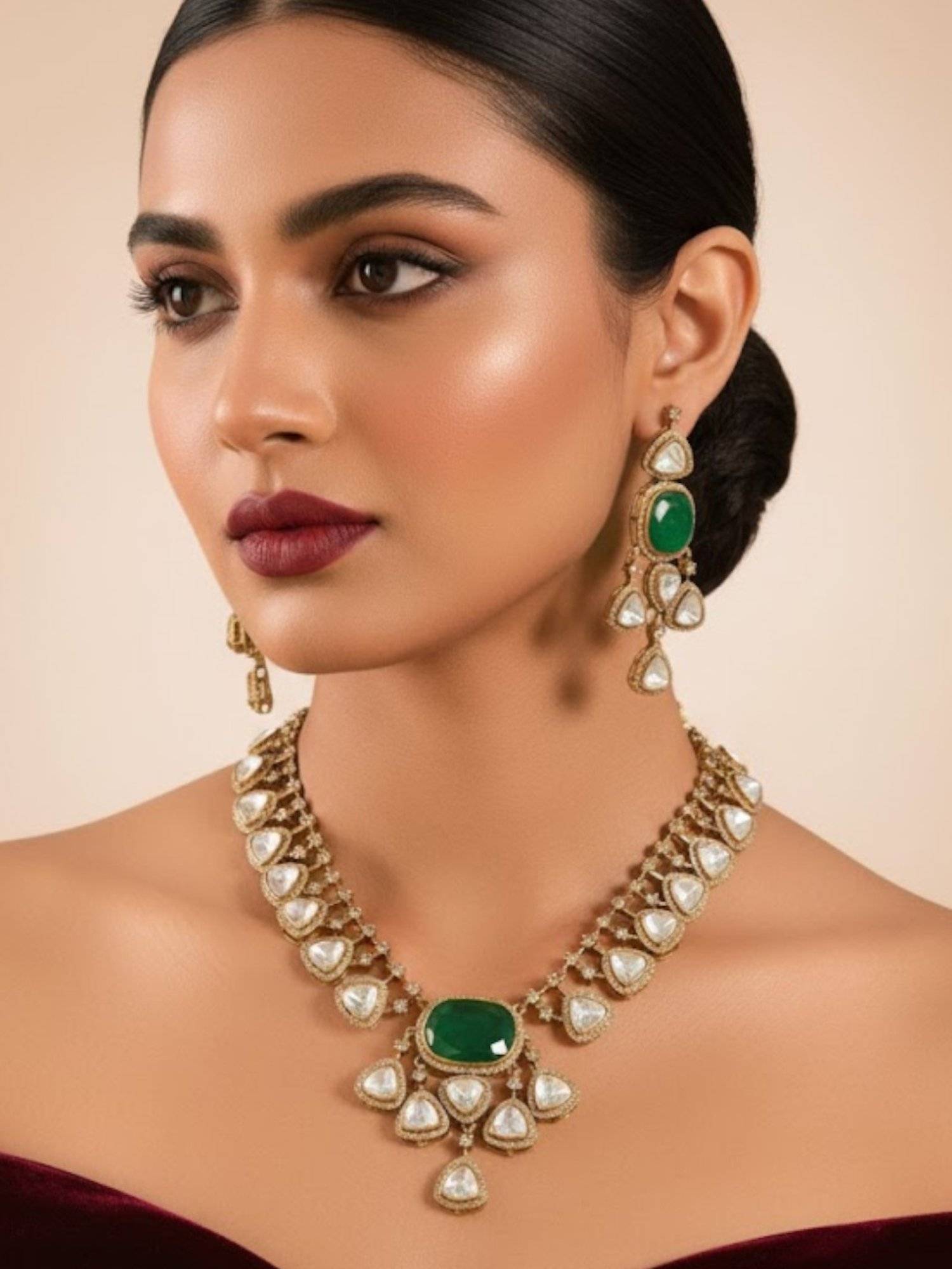 Auraa Trends Green Kundan Polki Necklace With Earrings Jewellery Set