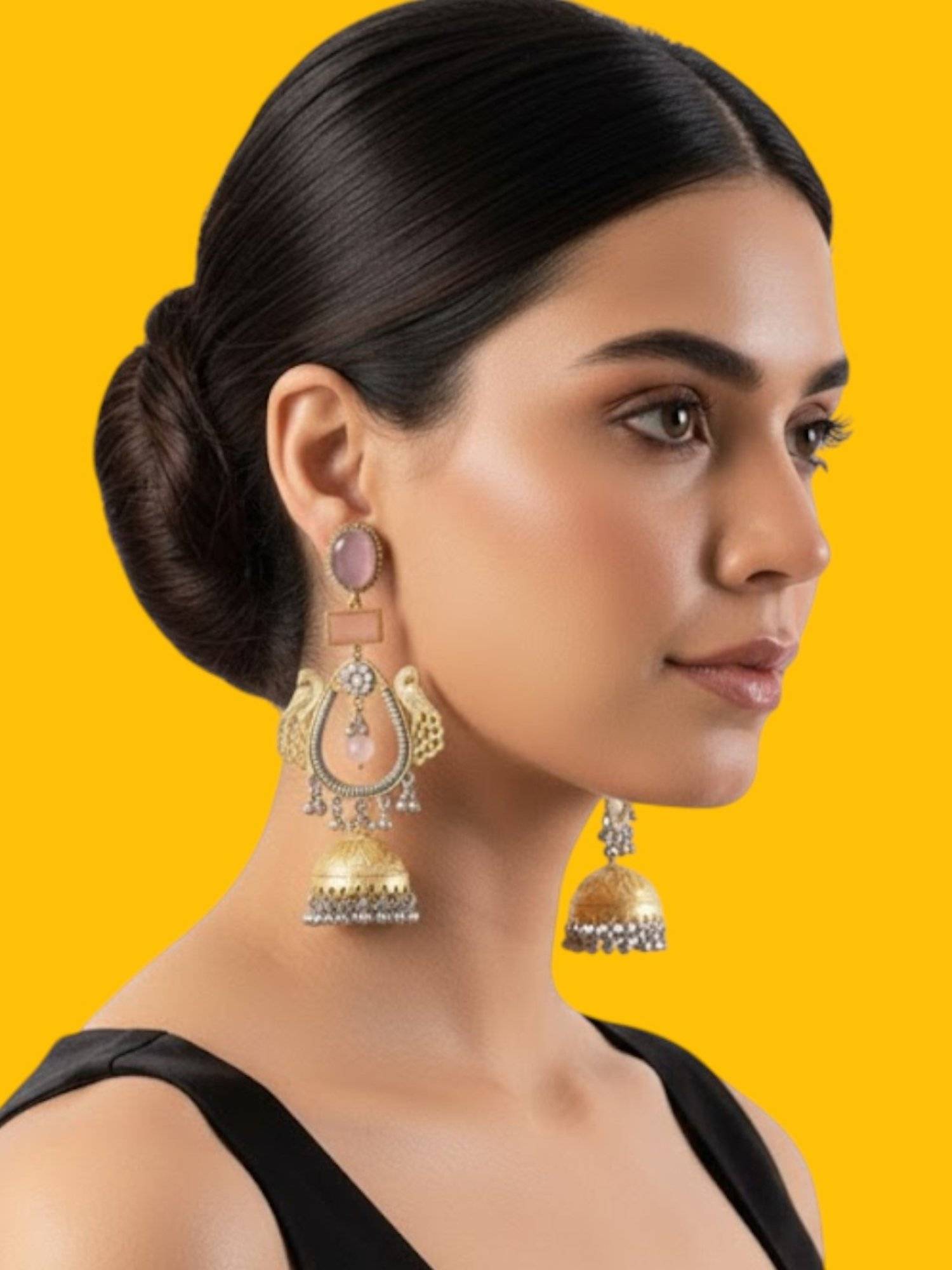 Auraa Trends Gold-Tone Dual Peacock Pink Stone Jhumka Earrings
