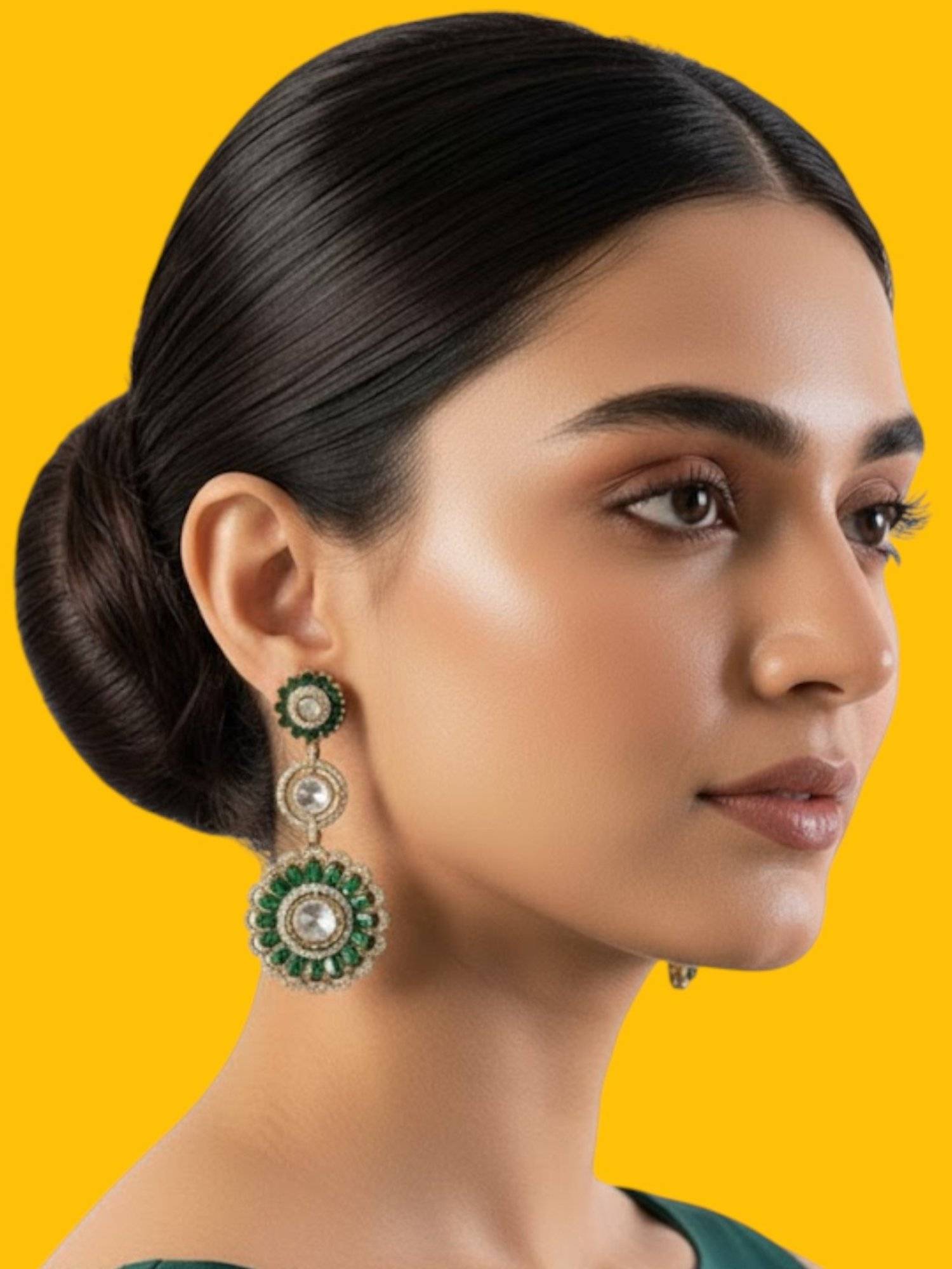 Auraa Trends Antique Gold-Plated Green Stone Floral Dangler Earrings