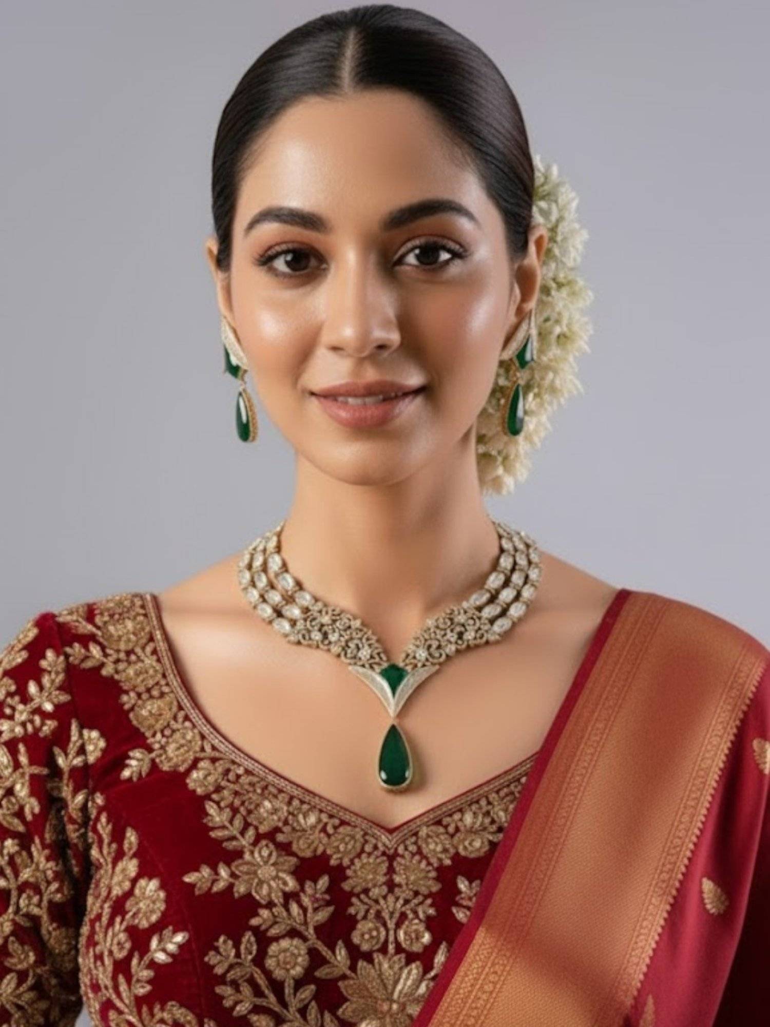 Auraa Trends Elegant Green Stone and Kundan Jewellery Set
