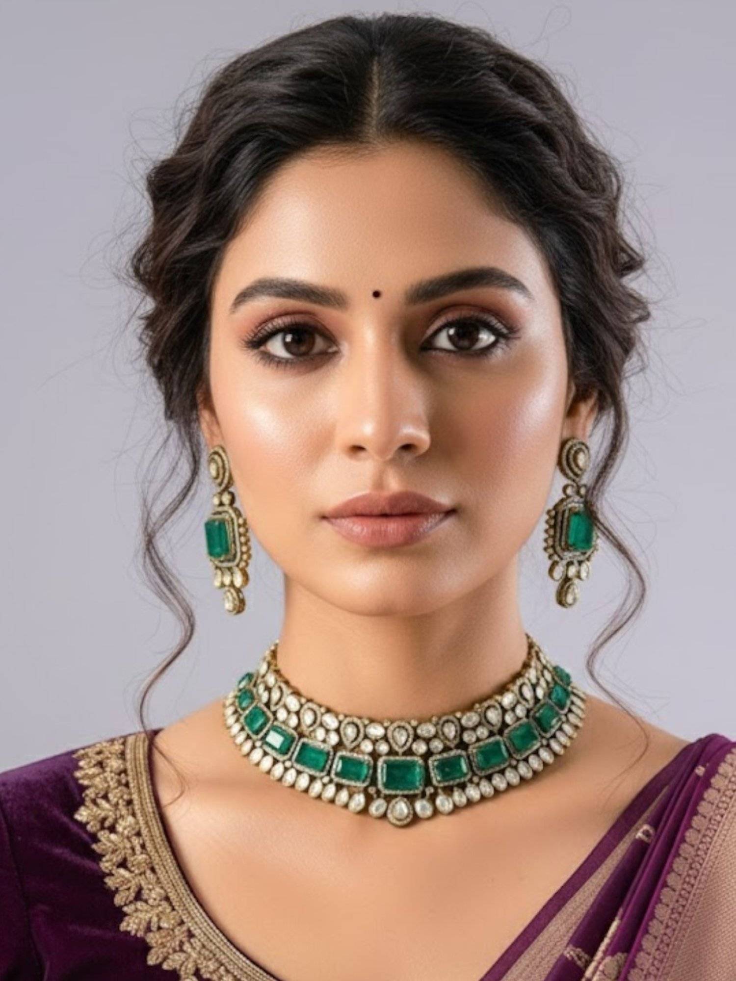 Auraa Trends Gold Finish Kundan Polka and Green Onyx Jewellery Set