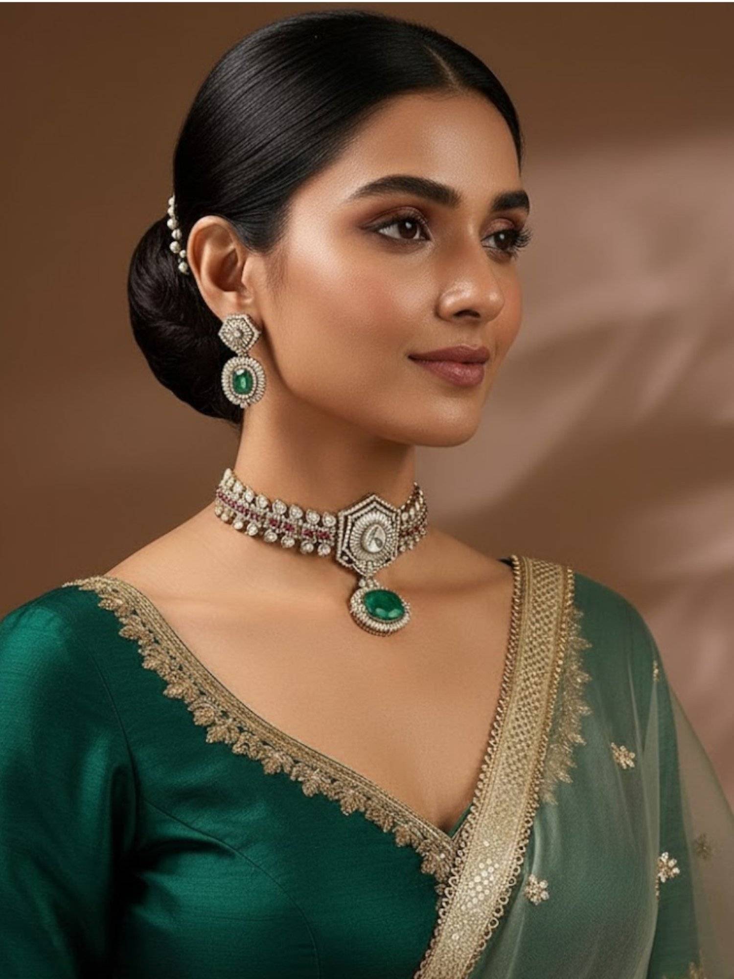 Auraa Trends Antique Gold-Plated Green Stone Kundan Choker Jewellery Set