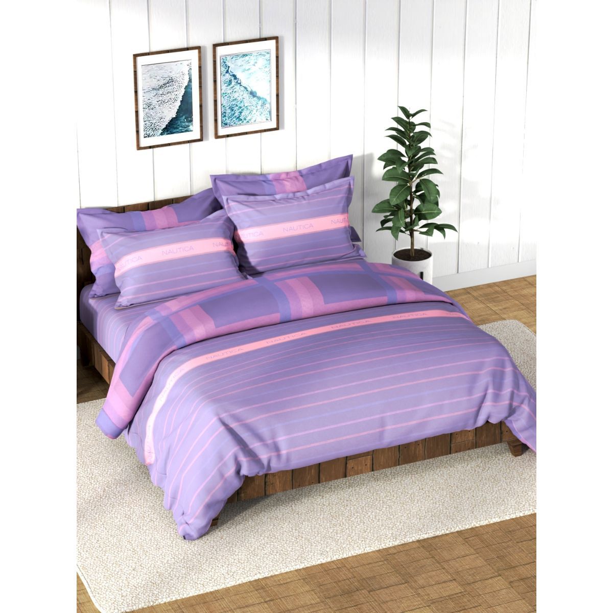 Buy Nautica Super Soft 100% Cotton Bedding Set Of 7 Stripe-Lilac (Queen ...