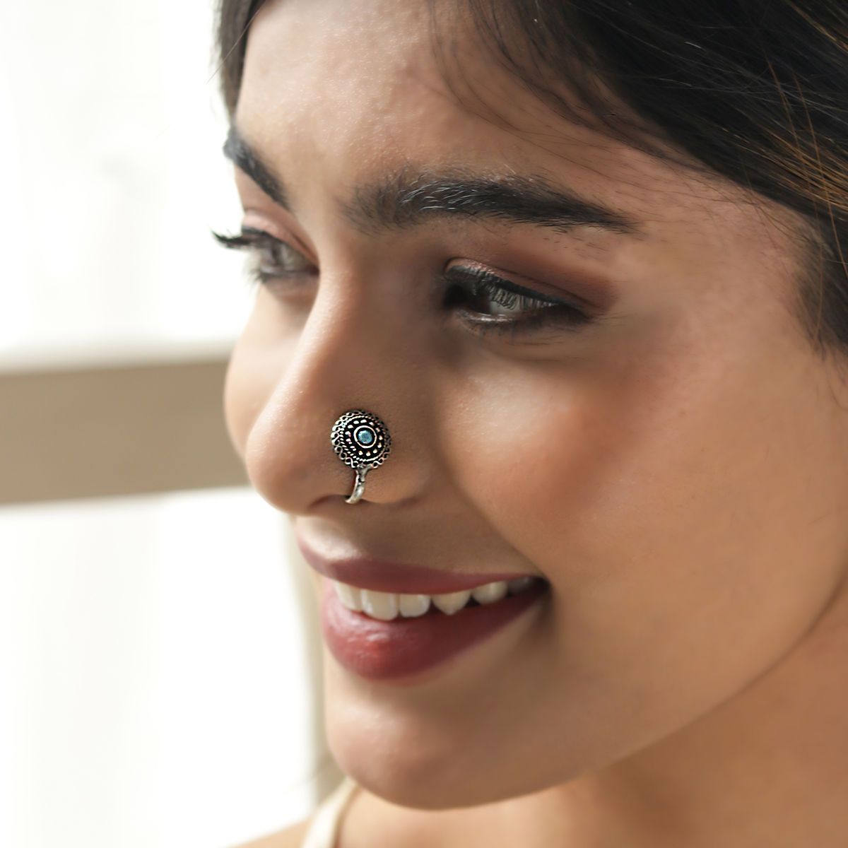 Indian Ethnic Nose Ring Floral Oxidized Stud Clip On Nose Ear Pin Gift  Jewelry | eBay