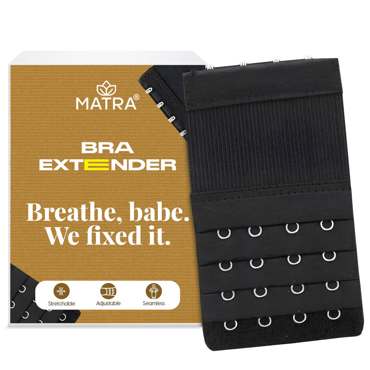 Matra Bra Extender Stretchable Elastic Extension Adjustable Strap 4 Hook 4 Eye - Black