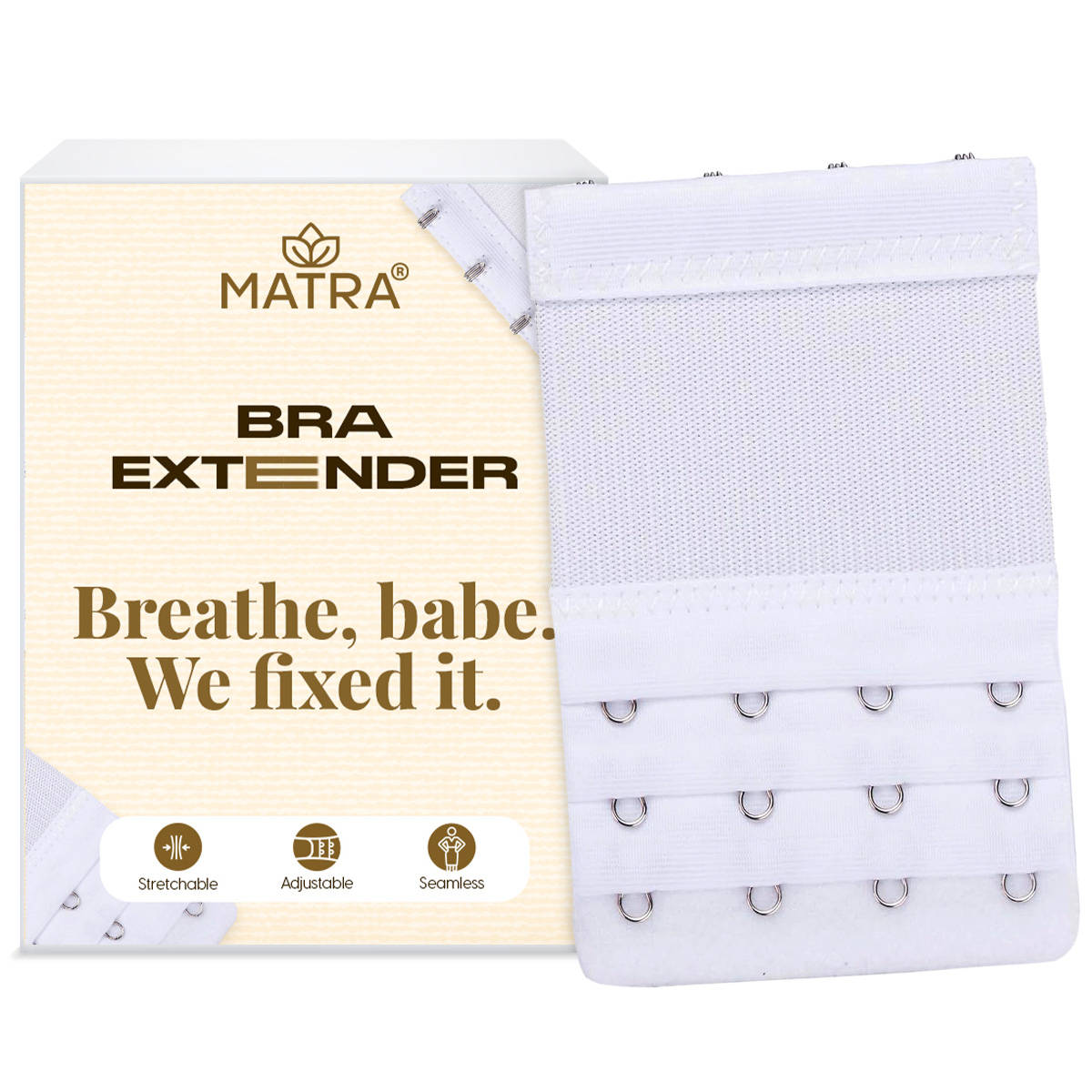 Matra Bra Extender Stretchable Elastic Extension Adjustable Strap 4 Hook 4 Eye - White