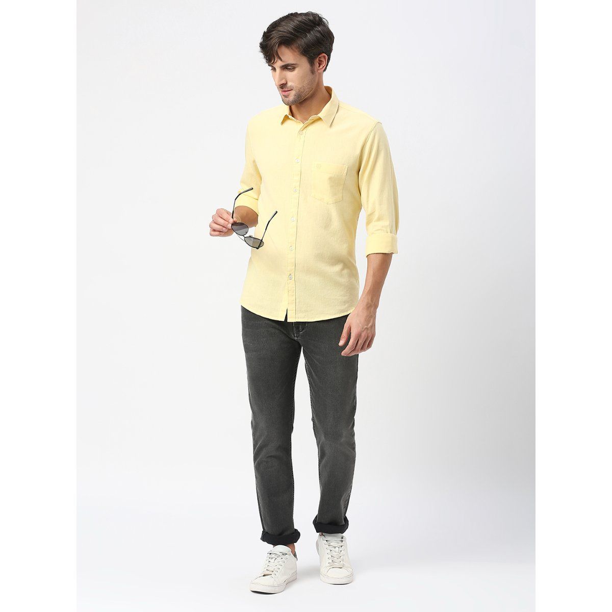 Buy Dragon Hill Full Sleeves Lemon Yellow Linen Shirt With Pocket