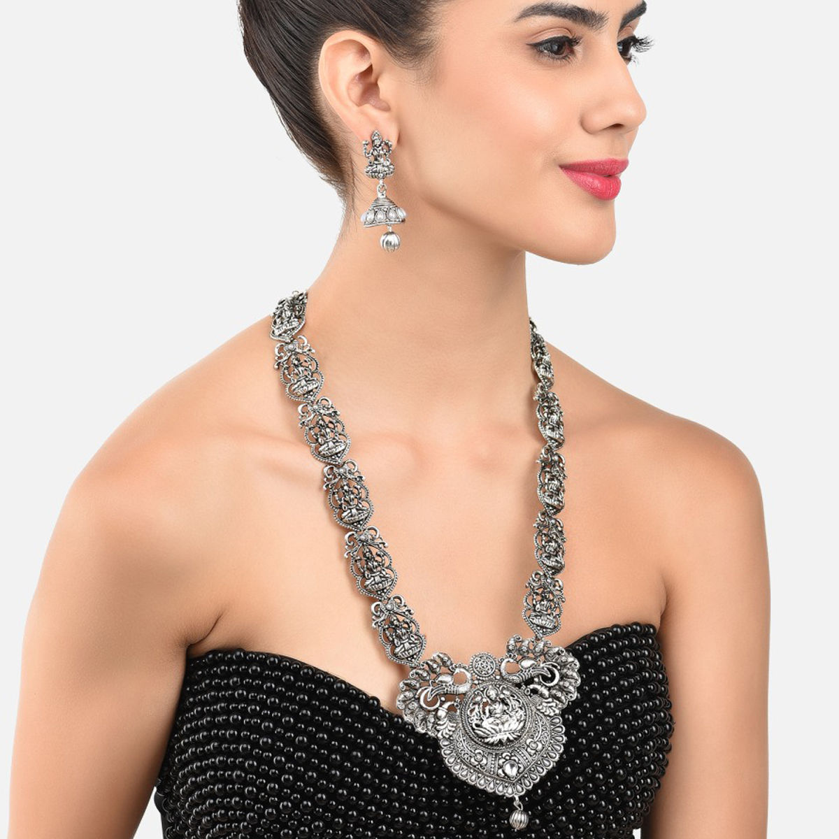 Buy Zaveri Pearls Antique Silver Tone Goddess Temple Long Necklace