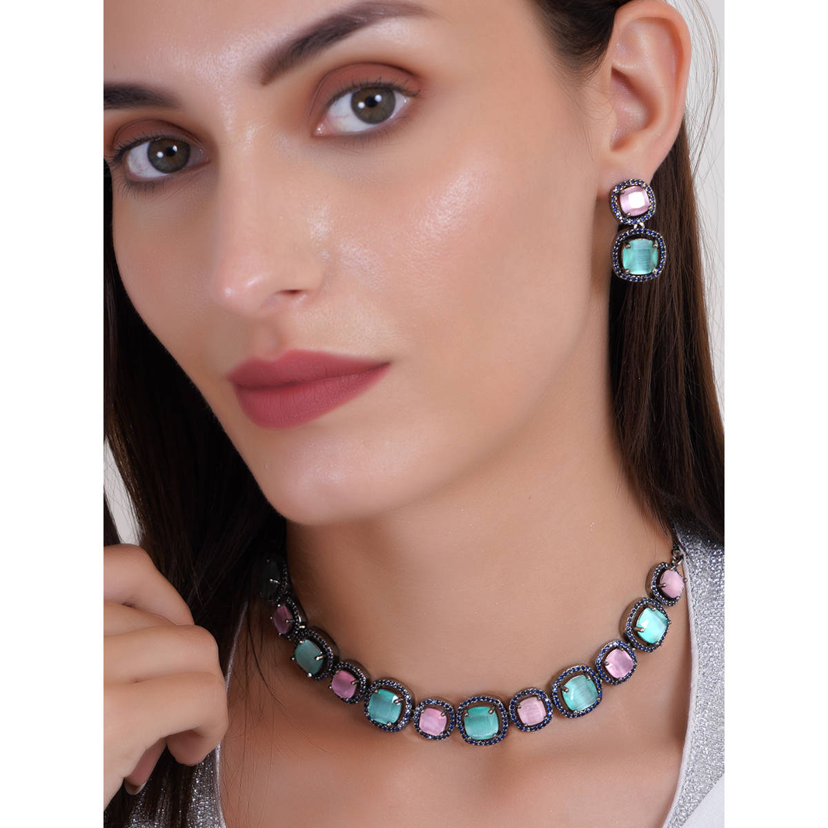 Adwitiya Rhodium Plated Multicolor Stones Necklace Jewellery Set
