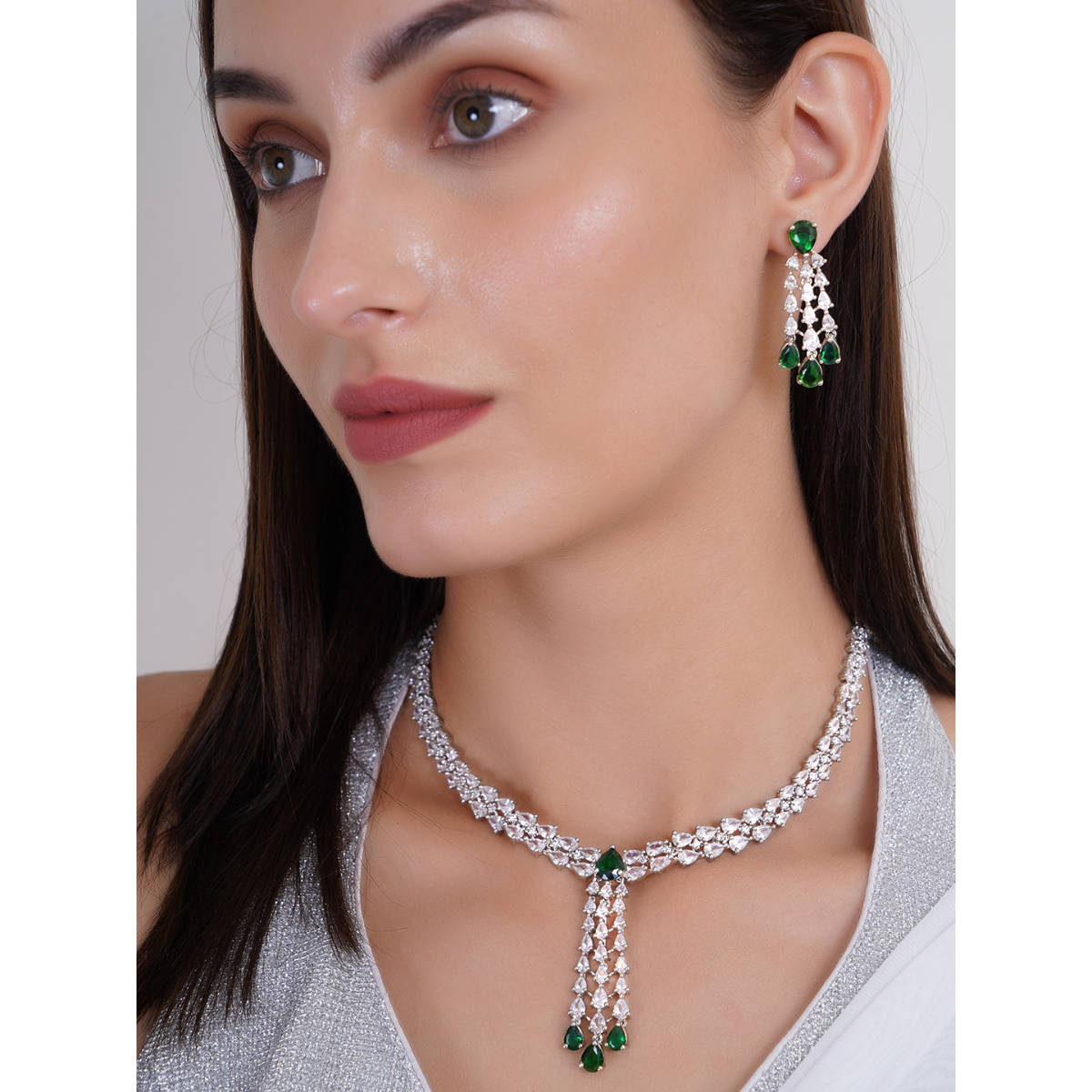 Adwitiya Rhodium Plated Green Emerald White Faux Diamond Necklace Set