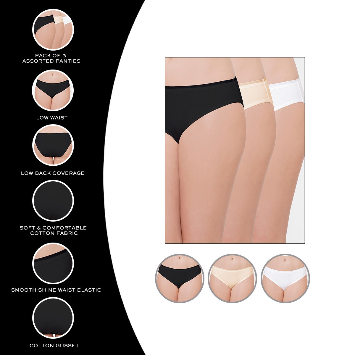 Buy Wacoal Cotton Bikini Panty Black,white & Beige Low Waist Low Coverage  Solid Panty (Pack of 3) Online