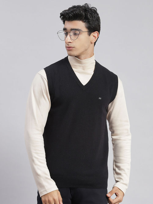 Buy Monte Carlo Mens Solid Black V-Neck Sleeveless Sweater Online