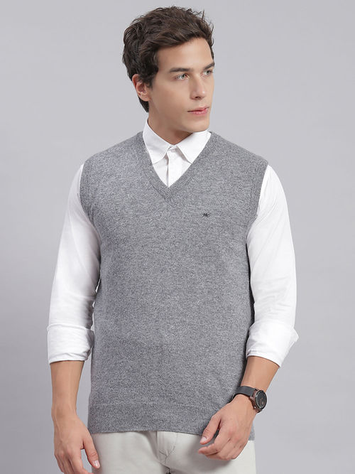 Monte Carlo Mens Solid Dark Grey Melange V-Neck Sleeveless Sweater