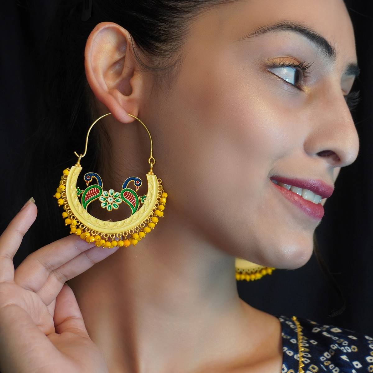 Niscka Lemon Peacock Chandbali Meenakari Earrings