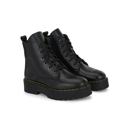 Buy Delize Women's Black Solid Derby Boots With Yellow Stitching